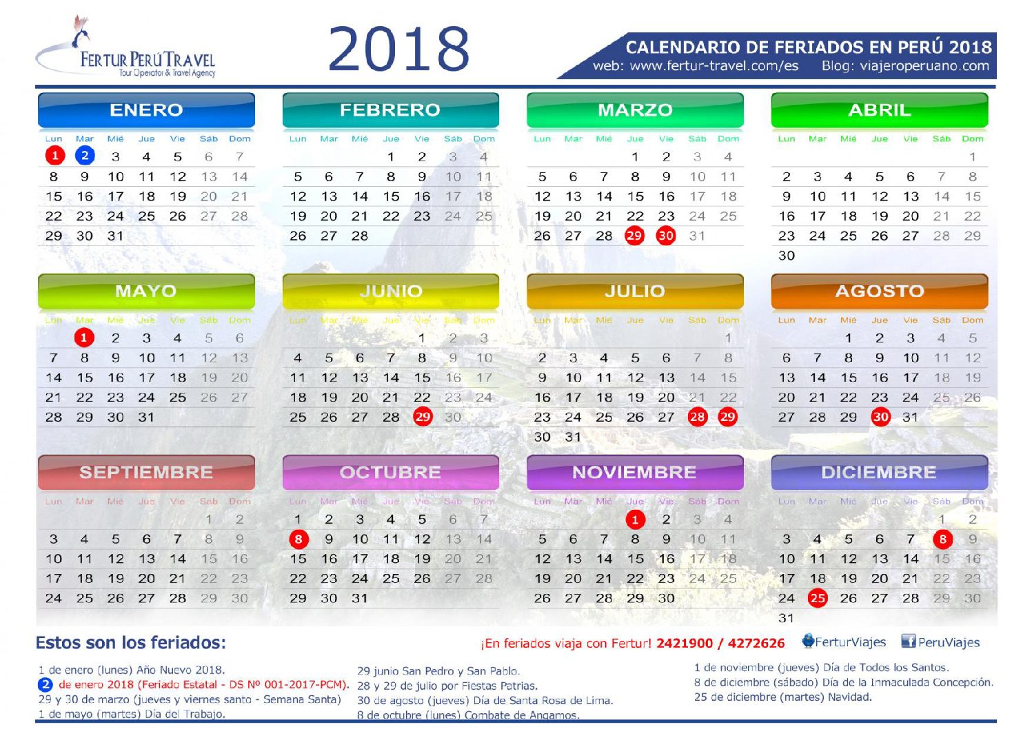 Calendario de Perú 2018 con feriados marcados Descargar e imprimir