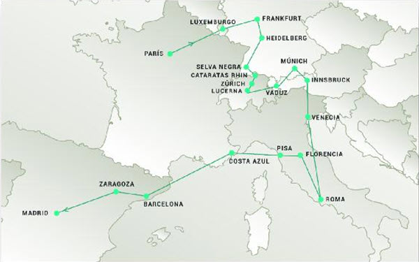 Mapa del itinerario del paquete de Europa de 17 días desde Lima